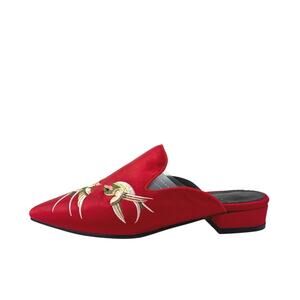 Veowalk Swallow Womens Red Embroidered Satin Pointed Toe Slip On Flats Size 7